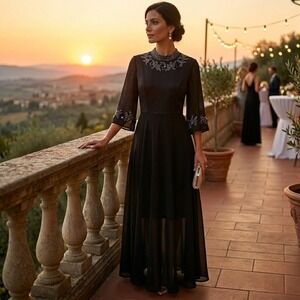 Madame Maxi Dress Womens XL Black Beaded Sequin Formal Goth Evening Party Gown